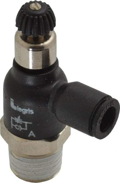 Legris - 1/4" Tube OD x 1/4 Male NPT Compact Meter Out Flow Control Valve - 14.5 to 145 psi, Nylon - Industrial Tool & Supply