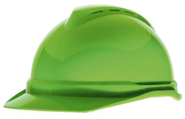 MSA - ANSI Type I, Class C Rated, 4 Point, Ratchet Adjustment Hard Hat - Size 6-1/2 to 8, High Visibility Lime Green, Standard Brim, Vented - Industrial Tool & Supply