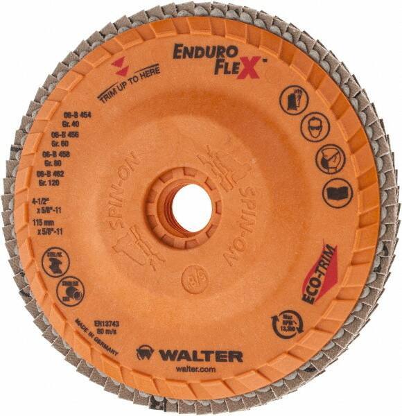 WALTER Surface Technologies - 120 Grit, 4-1/2" Disc Diam, 5/8-11 Center Hole, Zirconia Alumina Flap Disc - 13,300 Max RPM, Plastic Backing, Arbor Attaching System, Coated - Industrial Tool & Supply
