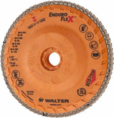 WALTER Surface Technologies - 120 Grit, 4-1/2" Disc Diam, 5/8-11 Center Hole, Zirconia Alumina Flap Disc - 13,300 Max RPM, Plastic Backing, Arbor Attaching System, Coated - Industrial Tool & Supply