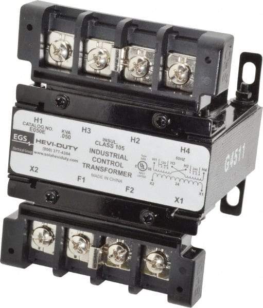 Sola/Hevi-Duty - 1 Phase, 0.05 kVA, Control Transformer - 2 Input, 1 Output Winding, 60 Hz, 3.99 Inch Deep x 2.72 Inch High, 131°F Temp Rise - Industrial Tool & Supply