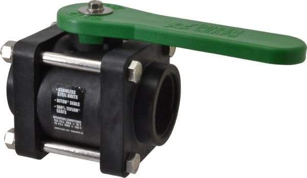 Green Leaf - 1-1/2" Pipe, Standard Port, Polypropylene Standard Ball Valve - 3 Piece, Inline - One Way Flow, FNPT x FNPT Ends, Lever Handle, 150 WOG - Industrial Tool & Supply