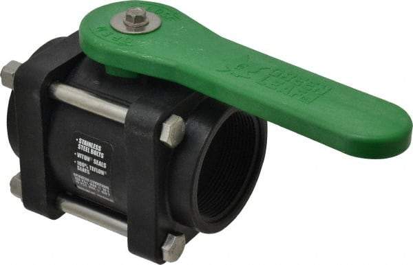 Green Leaf - 2" Pipe, Standard Port, Polypropylene Standard Ball Valve - 3 Piece, Inline - One Way Flow, FNPT x FNPT Ends, Lever Handle, 150 WOG - Industrial Tool & Supply