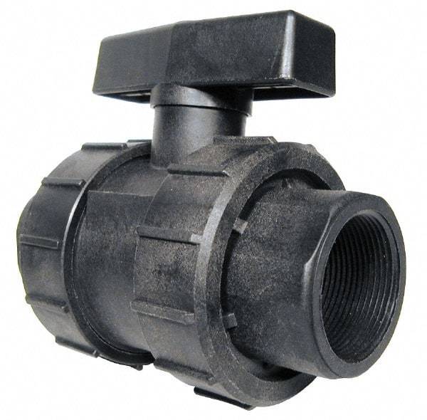 Green Leaf - 1-1/4" Pipe, Full Port, Polypropylene True Union Design Ball Valve - Inline - One Way Flow, FNPT x FNPT Ends, Tee Handle, 125 WOG - Industrial Tool & Supply