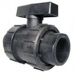 Green Leaf - 1-1/4" Pipe, Full Port, Polypropylene True Union Design Ball Valve - Inline - One Way Flow, FNPT x FNPT Ends, Tee Handle, 125 WOG - Industrial Tool & Supply