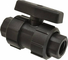 Green Leaf - 3/4" Pipe, Full Port, Polypropylene True Union Design Ball Valve - Inline - One Way Flow, FNPT x FNPT Ends, Tee Handle, 125 WOG - Industrial Tool & Supply