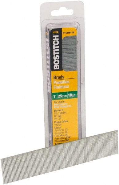 Stanley Bostitch - 18 Gauge 0.05" Shank Diam 1" Long Brad Nails for Power Nailers - Steel, Bright Finish, Ring Shank, Straight Stick Adhesive Collation, Brad Head, Chisel Point - Industrial Tool & Supply