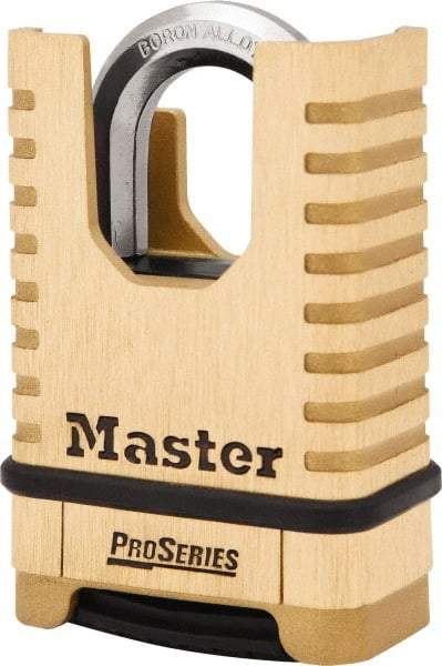 Master Lock - 2-1/4" Body Width x 3-1/2" Body Height, 1-1/16" Shackle Clearance, Brass Finish Combination Lock - 3/8" Shackle Diam, 15/16" Shackle Width, Set Your Own 4 Digit Combination - Industrial Tool & Supply