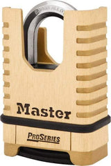 Master Lock - 2-1/4" Body Width x 3-1/2" Body Height, 1-1/16" Shackle Clearance, Brass Finish Combination Lock - 3/8" Shackle Diam, 15/16" Shackle Width, Set Your Own 4 Digit Combination - Industrial Tool & Supply