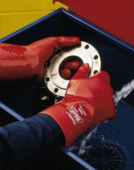 SHOWA - Size L (10), 14" Long, Supported, PVC Chemical Resistant Gloves - Textured Finish, Cotton Interlock Knit Lined, Gauntlet Cuff, ANSI Abrasion Level 4, ANSI Cut Level 1, ANSI Puncture Level 1, Red - Industrial Tool & Supply