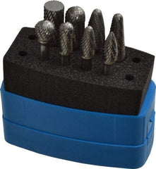 Made in USA - 8 Piece, 1/4" Shank Burr Set - Solid Carbide, Multiple Head Shapes, 14° Included Angle - Industrial Tool & Supply