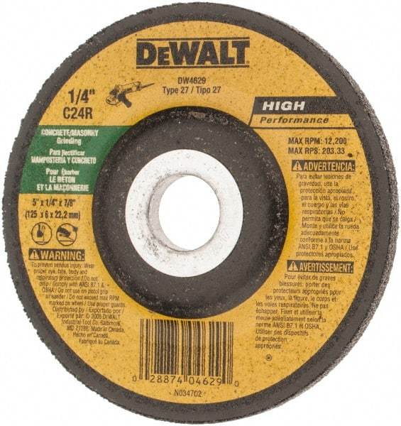 DeWALT - 24 Grit, 5" Wheel Diam, 1/4" Wheel Thickness, 7/8" Arbor Hole, Type 27 Depressed Center Wheel - Silicon Carbide, R Hardness, 10,850 Max RPM, Compatible with Angle Grinder - Industrial Tool & Supply
