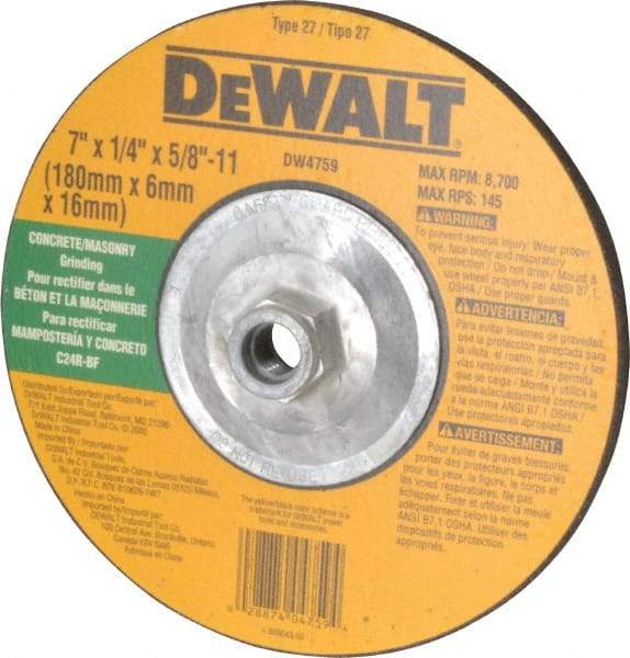 DeWALT - 24 Grit, 7" Wheel Diam, 1/4" Wheel Thickness, Type 27 Depressed Center Wheel - Silicon Carbide, R Hardness, 8,700 Max RPM, Compatible with Angle Grinder - Industrial Tool & Supply