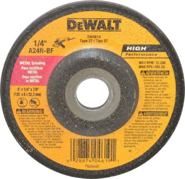 DeWALT - 24 Grit, 5" Wheel Diam, 1/4" Wheel Thickness, 7/8" Arbor Hole, Type 27 Depressed Center Wheel - Aluminum Oxide, R Hardness, 12,200 Max RPM, Compatible with Angle Grinder - Industrial Tool & Supply