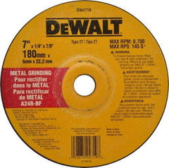 DeWALT - 24 Grit, 7" Wheel Diam, 1/4" Wheel Thickness, 7/8" Arbor Hole, Type 27 Depressed Center Wheel - Aluminum Oxide, R Hardness, 8,700 Max RPM, Compatible with Angle Grinder - Industrial Tool & Supply