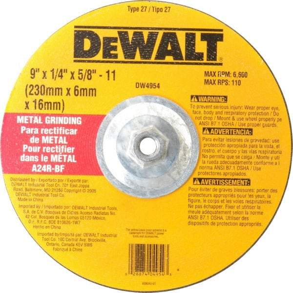 DeWALT - 24 Grit, 9" Wheel Diam, 1/4" Wheel Thickness, Type 27 Depressed Center Wheel - Aluminum Oxide, R Hardness, 6,600 Max RPM, Compatible with Angle Grinder - Industrial Tool & Supply