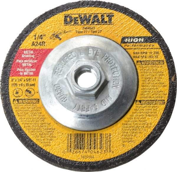DeWALT - 24 Grit, 5" Wheel Diam, 1/4" Wheel Thickness, Type 27 Depressed Center Wheel - Aluminum Oxide, R Hardness, 12,200 Max RPM, Compatible with Angle Grinder - Industrial Tool & Supply
