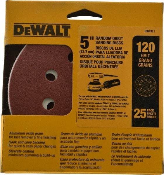 DeWALT - 5" Diam, 120 Grit, Aluminum Oxide Hook & Loop Disc - Fine Grade, Coated, Paper Backing, - Industrial Tool & Supply