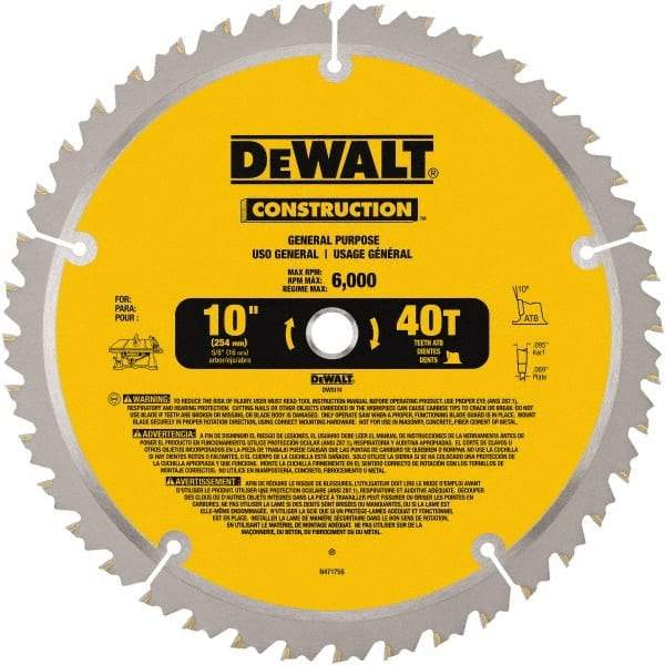 DeWALT - 10" Diam, 5/8" Arbor Hole Diam, 40 Tooth Wet & Dry Cut Saw Blade - Carbide-Tipped, General Purpose Action, Standard Round Arbor - Industrial Tool & Supply