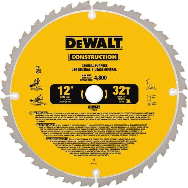 DeWALT - 12" Diam, 1" Arbor Hole Diam, 32 Tooth Wet & Dry Cut Saw Blade - Carbide-Tipped, General Purpose Action, Standard Round Arbor - Industrial Tool & Supply