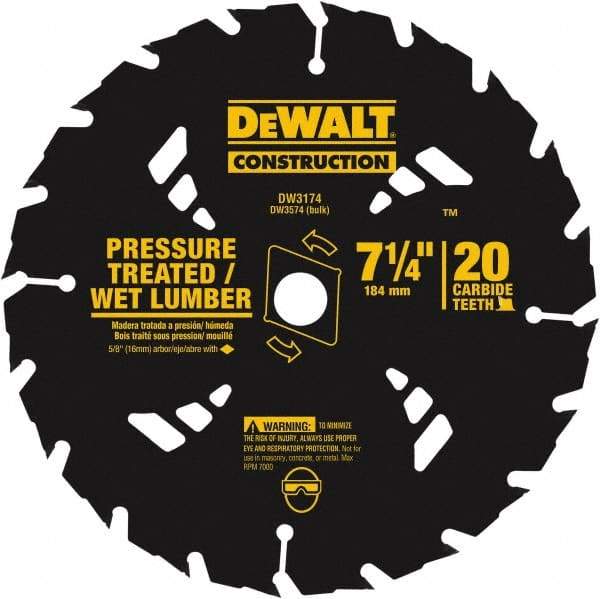 DeWALT - 7-1/4" Diam, 20 Tooth Wet & Dry Cut Saw Blade - Tungsten Carbide-Tipped, Standard Round Arbor - Industrial Tool & Supply