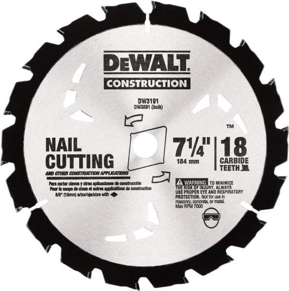 DeWALT - 7-1/4" Diam, 18 Tooth Wet & Dry Cut Saw Blade - Carbide-Tipped, Standard Round Arbor - Industrial Tool & Supply