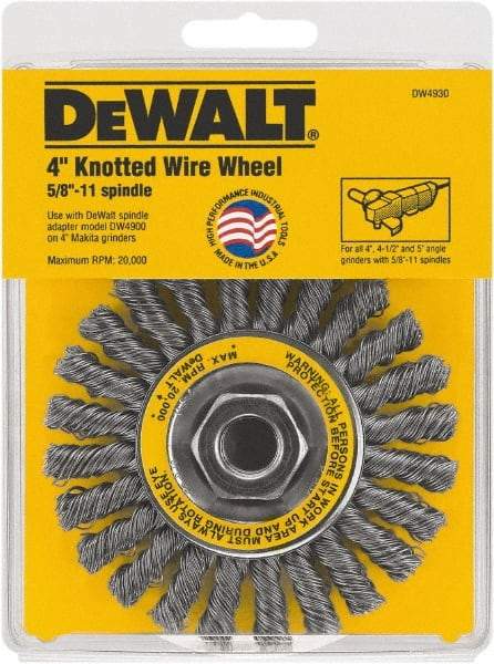 DeWALT - 4" OD, 5/8" Arbor Hole, Knotted Steel Wheel Brush - 4" Face Width, 1" Trim Length - Industrial Tool & Supply