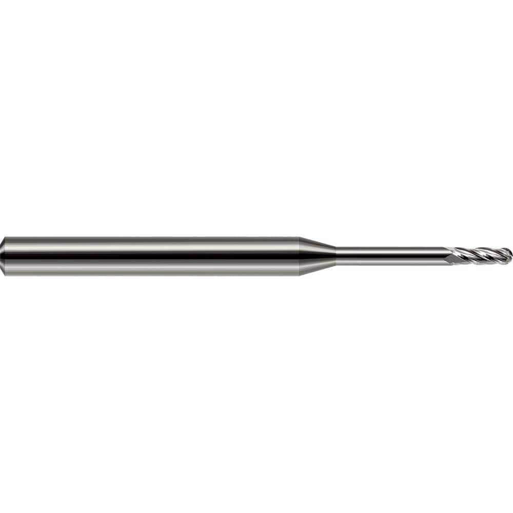 Ball End Mill: 0.055″ Dia, 0.165″ LOC, 2 Flute, Solid Carbide 1-1/2″ OAL, 1/8″ Shank Dia, 30 ° Helix, Uncoated, Single End