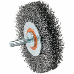 WALTER Surface Technologies - 1-3/8" OD, 1/4" Shank Diam, Crimped Steel Wheel Brush - 1/4" Face Width, 0.008" Filament Diam, 25,000 RPM - Industrial Tool & Supply