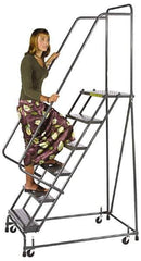Ballymore - 93" 6 Step Ladder - Spring Loaded Rolling Safety Ladder, 450 Lb Capacity, 60" Platform Height, 30" Base Width x 49" Base Depth, Perforated Tread - Industrial Tool & Supply