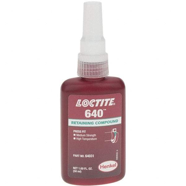 Loctite - 50 mL Bottle, Green, High Strength Liquid Retaining Compound - Series 640, 24 hr Full Cure Time - Industrial Tool & Supply