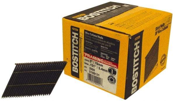 Stanley Bostitch - 0.131" Shank Diam 3" Long Framing Nails for Power Nailers - Steel, Smooth Shank, Angled Stick Wire Collation, Round Head, Diamond Point - Industrial Tool & Supply