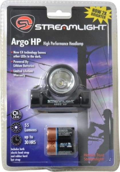 Streamlight - Impact Resistant, Water Resistant, Plastic Hands Free Flashlight - 62 Lumens, 1.75 hr Runtime, LED Bulb, Black Body, 2 Lithium Lithium Batteries Included - Industrial Tool & Supply
