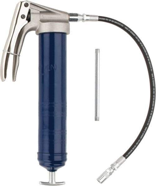 Lincoln - 7,500 Max psi, Flexible Pistol Grease Gun - 14-1 & 2 oz (Cartridge) & 16 oz (Bulk) Capacity, 1/8 Thread Outlet, 39 Strokes per oz, Bulk & Cartridge Fill, Includes 6" Straight Pipe & Coupler - Industrial Tool & Supply