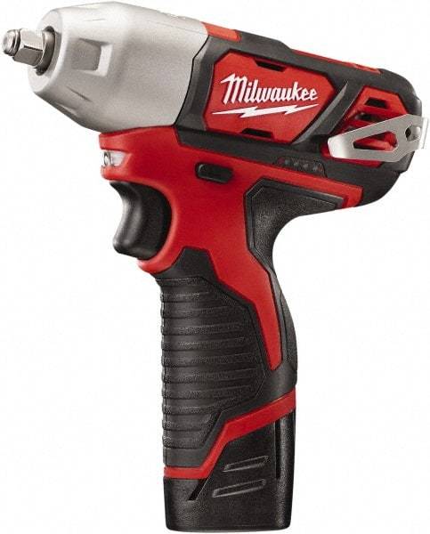 Milwaukee Tool - 3/8" Drive 12 Volt Pistol Grip Cordless Impact Wrench & Ratchet - 0 to 2,500 RPM, 0 to 3,300 BPM, 100 Ft/Lb Torque, 2 Lithium-Ion Batteries Included - Industrial Tool & Supply