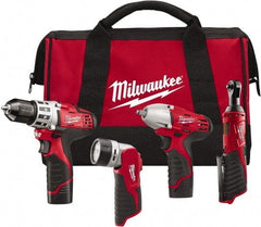 Milwaukee Tool - 12 Volt Cordless Tool Combination Kit - Includes 3/8" Square Drive Impact Wrench, 3/8" Drill/Driver, Work Light & 1/4" Ratchet, Lithium-Ion Battery Included - Industrial Tool & Supply