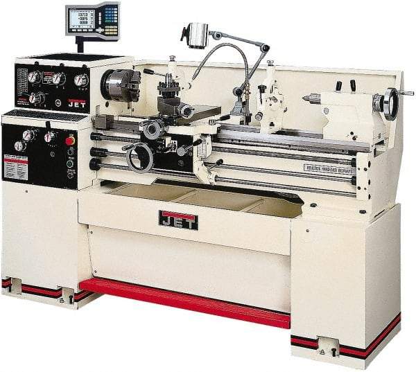 Jet - 14" Swing, 36-7/8" Between Centers, 230 Volt, Single Phase Bench Lathe - 2 hp, 70 to 1,900 RPM Spindle Speed, 2" Spindle Bore Diam, 76-13/32" OAL x 29-29/32" OAH x 59-13/16" Overall Depth - Industrial Tool & Supply