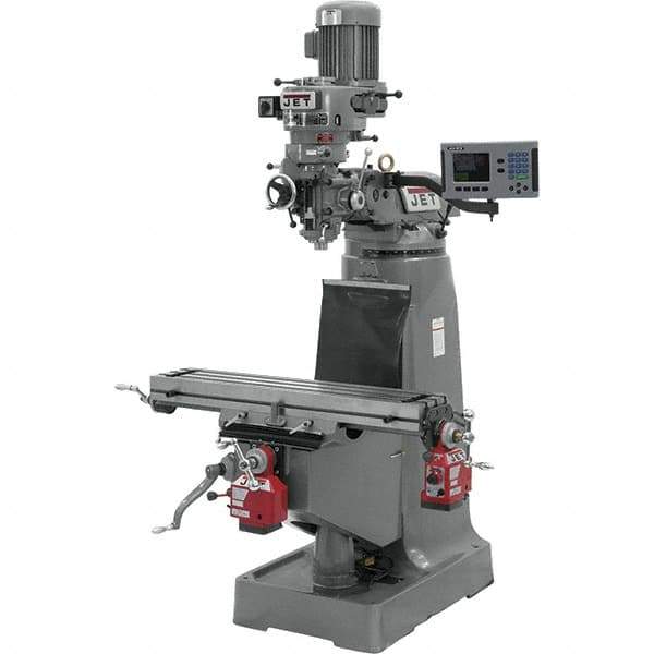Jet - 9" Table Width x 42" Table Length, Step Pulley Control, 3 Phase Knee Milling Machine - R8 Spindle Taper, 2 hp - Industrial Tool & Supply