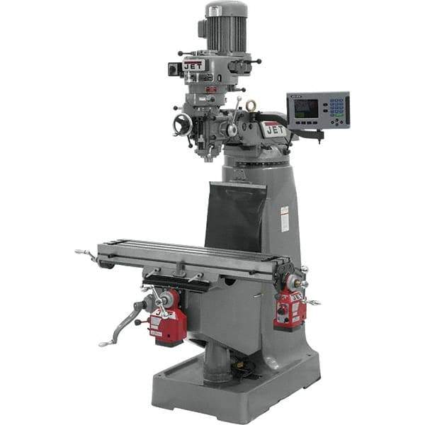 Jet - 9" Table Width x 42" Table Length, Step Pulley Control, 1 Phase Knee Milling Machine - R8 Spindle Taper, 2 hp - Industrial Tool & Supply