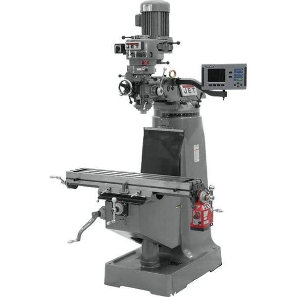 Jet - 9" Table Width x 42" Table Length, Step Pulley Control, 1 Phase Knee Milling Machine - R8 Spindle Taper - Industrial Tool & Supply