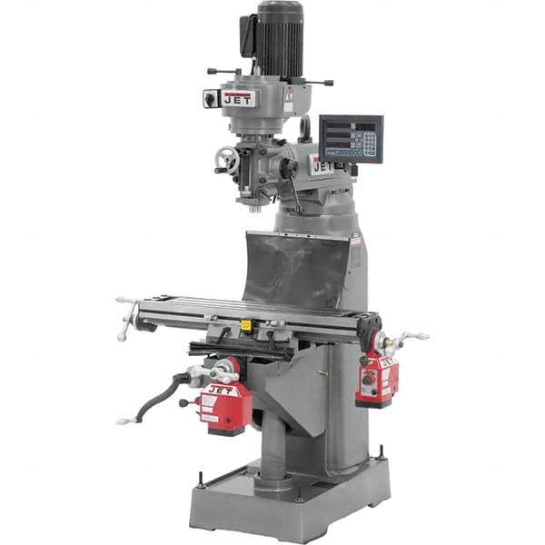Jet - 7-7/8" Table Width x 35-3/4" Table Length, Step Pulley Control, 3 Phase Knee Milling Machine - R8 Spindle Taper, 1-1/2 hp - Industrial Tool & Supply
