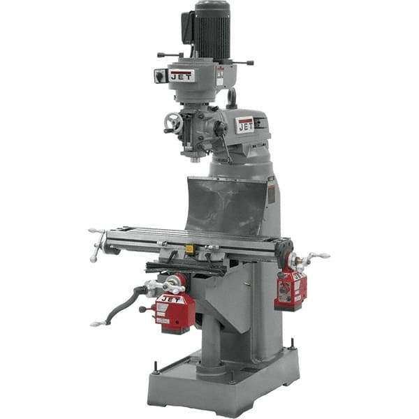 Jet - 7-7/8" Table Width x 35-3/4" Table Length, Step Pulley Control, 3 Phase Knee Milling Machine - R8 Spindle Taper, 1-1/2 hp - Industrial Tool & Supply