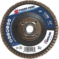 Weiler - 36 Grit, 4-1/2" Disc Diam, 5/8-11 Center Hole, Type 29 Zirconia Alumina Flap Disc - 13,000 Max RPM, Phenolic Backing, Arbor Attaching System, Coated - Industrial Tool & Supply