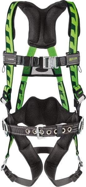 Miller - 400 Lb Capacity, Size Universal, Full Body AirCore Construction Safety Harness - Polyester, Side D-Ring, Quick Connect Leg Strap, Quick Connect Chest Strap, Black/Green - Industrial Tool & Supply