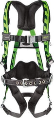 Miller - 400 Lb Capacity, Size Universal, Full Body AirCore Construction Safety Harness - Polyester, Side D-Ring, Quick Connect Leg Strap, Quick Connect Chest Strap, Black/Green - Industrial Tool & Supply