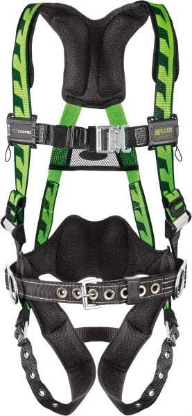 Miller - 400 Lb Capacity, Size L/XL, Full Body AirCore Construction Safety Harness - Polyester, Side D-Ring, Tongue Buckle Leg Strap, Quick Connect Chest Strap, Black/Green - Industrial Tool & Supply