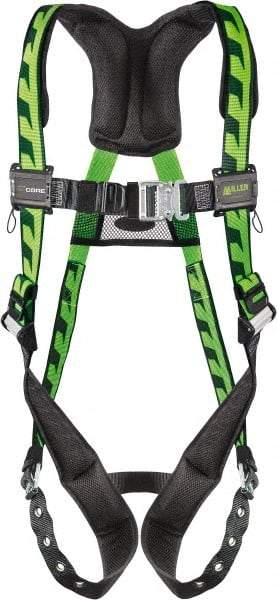 Miller - 400 Lb Capacity, Size Universal, Full Body AirCore Single D-Ring Safety Harness - Polyester, Tongue Buckle Leg Strap, Quick Connect Chest Strap, Black/Green - Industrial Tool & Supply