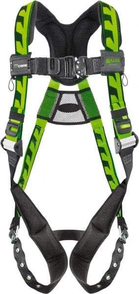 Miller - 400 Lb Capacity, Size Universal, Full Body AirCore Single D-Ring Safety Harness - Polyester, Tongue Buckle Leg Strap, Quick Connect Chest Strap, Black/Green - Industrial Tool & Supply