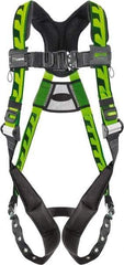 Miller - 400 Lb Capacity, Size Universal, Full Body AirCore Single D-Ring Safety Harness - Polyester, Tongue Buckle Leg Strap, Quick Connect Chest Strap, Black/Green - Industrial Tool & Supply