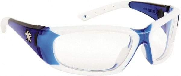 MCR Safety - Clear Lenses, Framed Safety Glasses - Anti-Fog, Scratch Resistant, Blue, White Polycarbonate/Thermoplastic Rubber Frame, Size Universal, Wrap Around - Industrial Tool & Supply